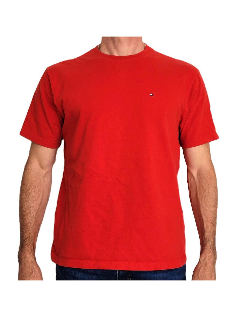 Tommy Hilfiger Men's Medium T-Shirt Red 100% Cotton Crew Neck Flag Logo